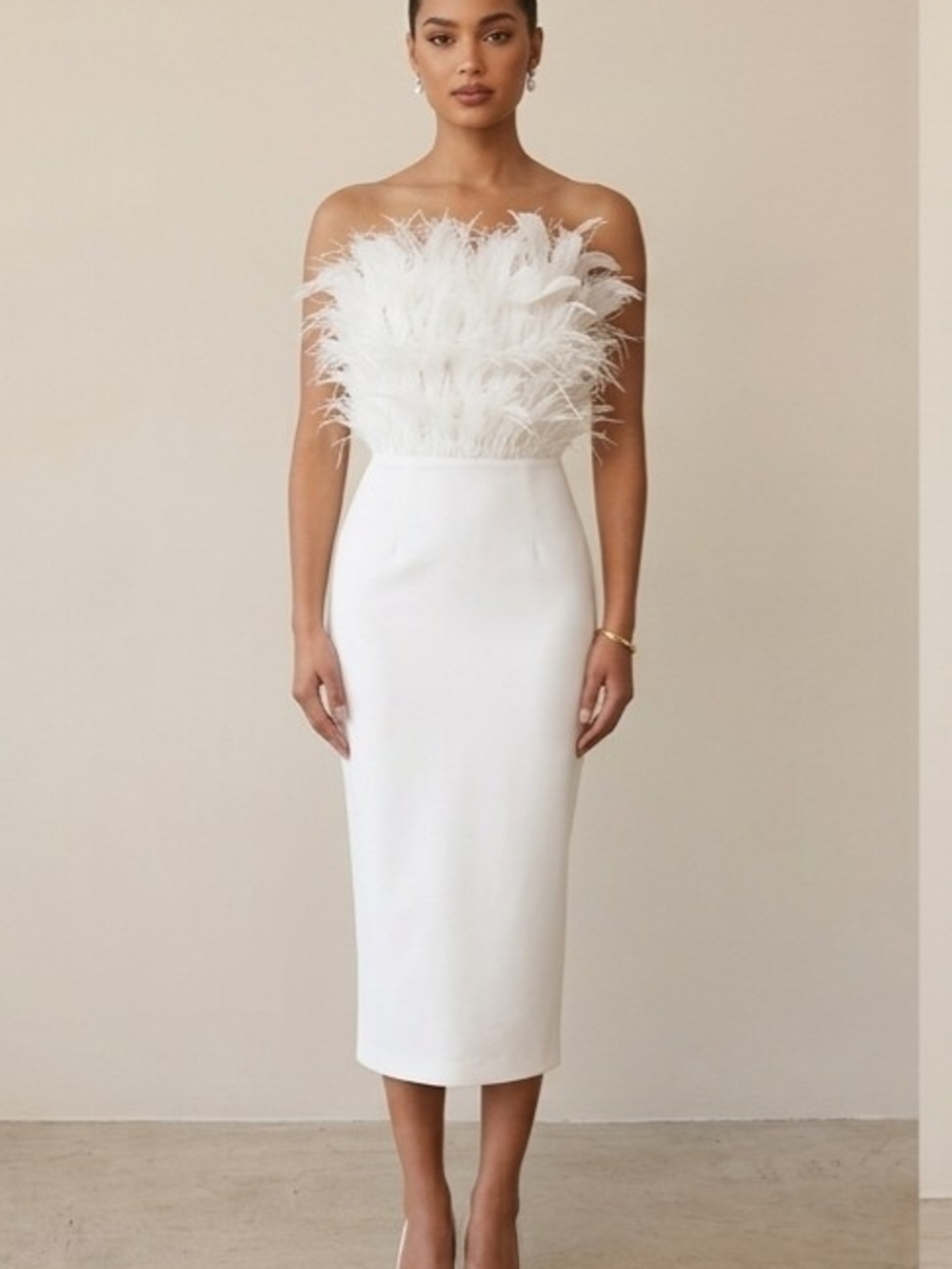 Strapless White Feather Bodice Midi Dress